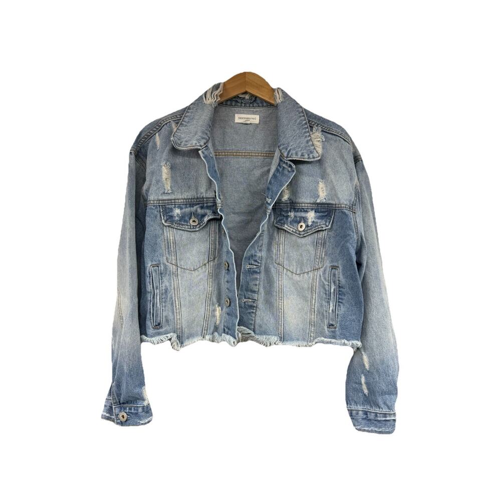 Dance & Marvel Cropped Distressed Light Wash Denim Jacket Boutique Womens Large